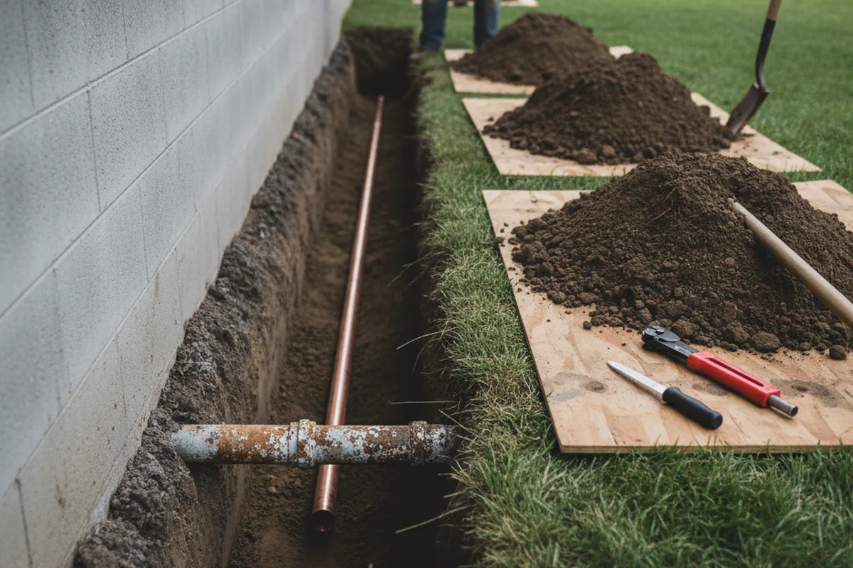 Excavated water line trench during Water Softener Installation in Yorkville